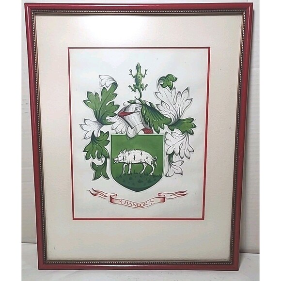 Vintage 14.5" X 11" Famed & Matted " Hanlon" Coat Of Arms - Picture 1 of 8